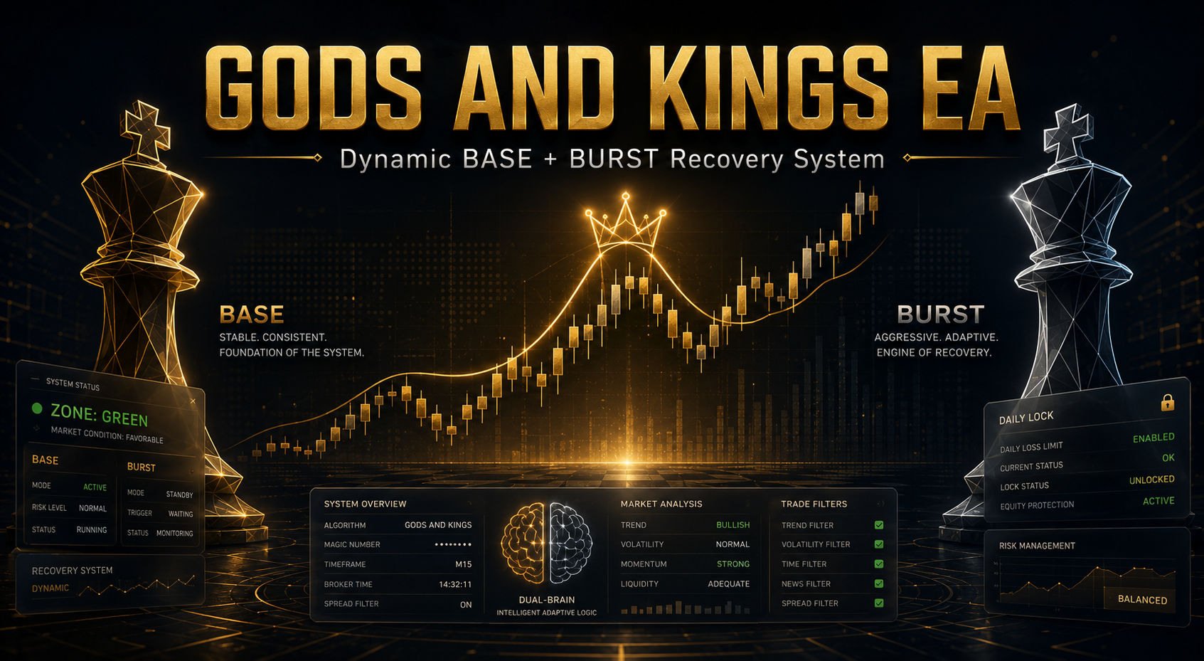 GODS AND KINGS EA – Dynamic BASE + BURST Multi-Timeframe Recovery System